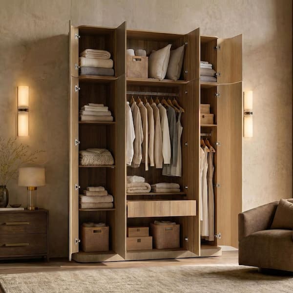 Walnut Wood 62.99 in. Armoire with Top Cabinet, Hanging Rod, Interior Shelves, Rounded Edges for Bedroom Storage