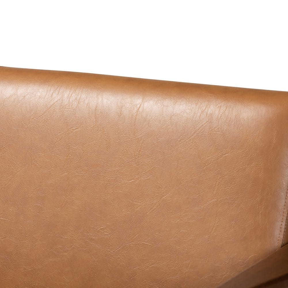 Mid-Century Modern Tan Faux Leather and Walnut Wood Loveseat