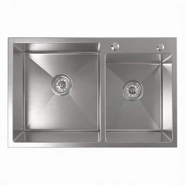 32 in. Overmount Double Bowl 20-Gauge Brushed Nickel Stainless Steel Kitchen Sink with Drain and Hook Included