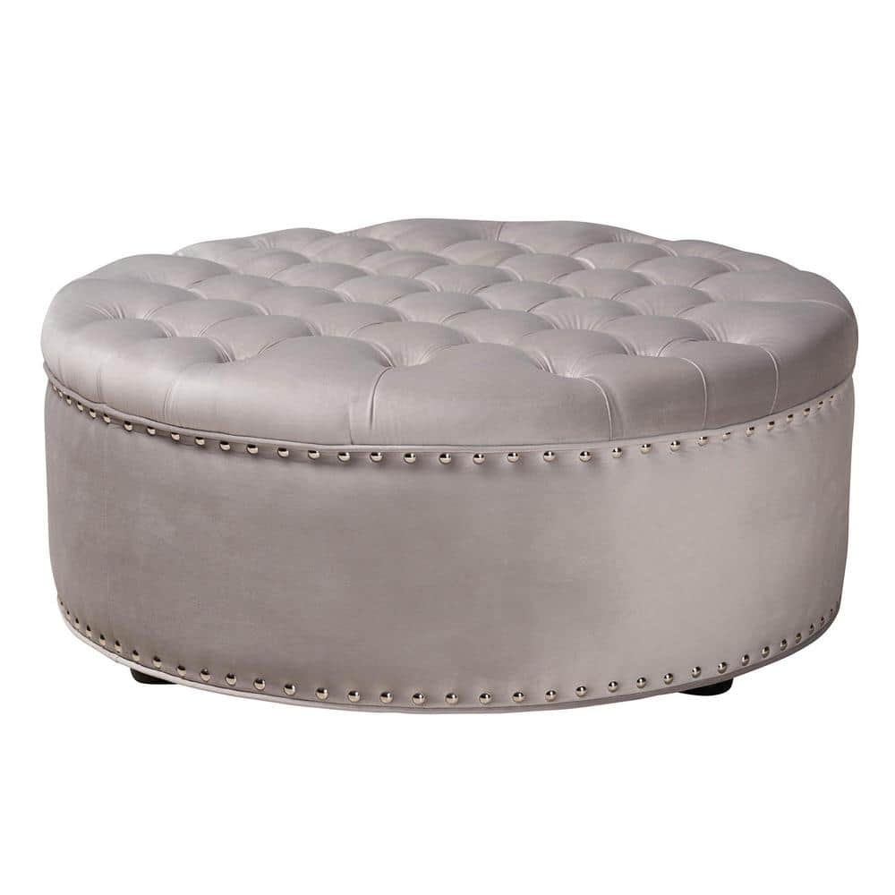Light Gray Velvet Tufted Round Ottoman with Eucalyptus Frame