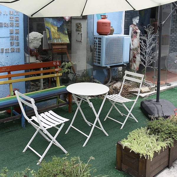 Oyezvary 3-Piece Cream White Metal Outdoor Bistro Set with Foldable Round Table & Chairs