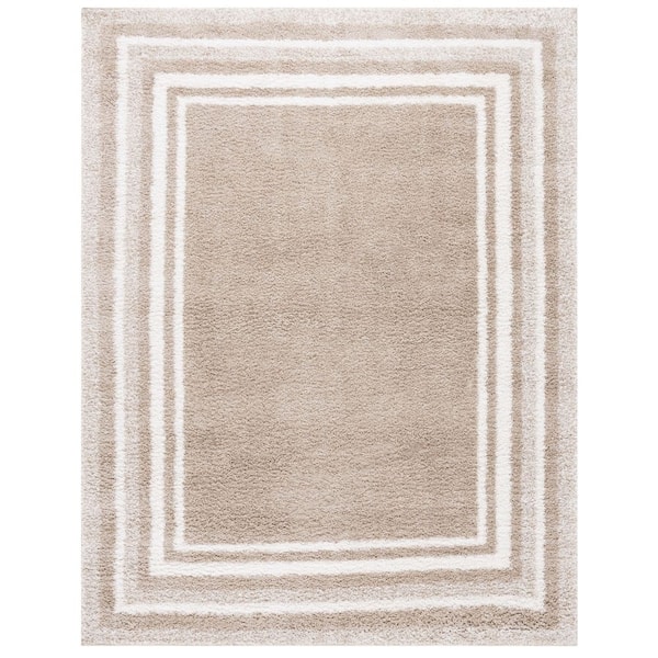 SAFAVIEH Border and Stripe Shag 8 ft. x 10 ft. Beige/Ivory Concentric Border Area Rug