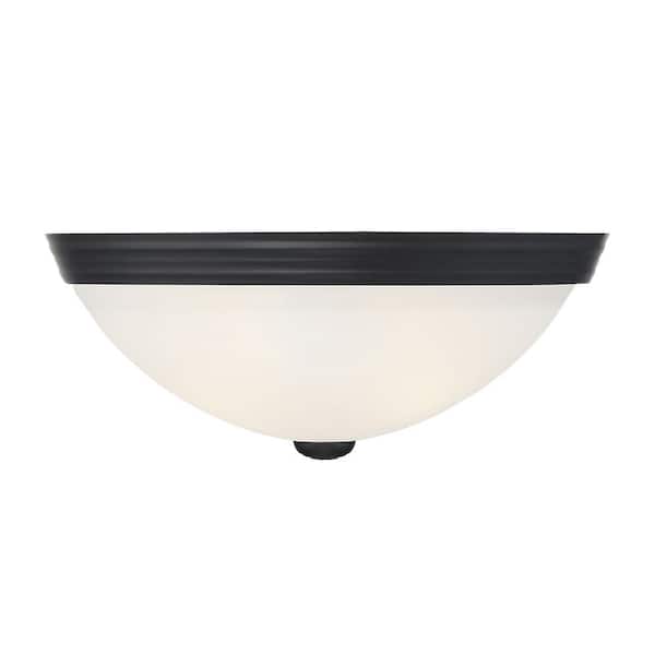 Savoy House 13 in. W x 5 in. H 2-Light Black Flush Mount Ceiling Light with White Etched Glass Diffuser
