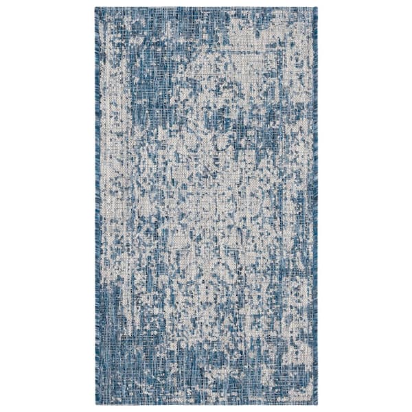Courtyard Navy/Gray 2 ft. x 4 ft. Distressed Floral Abstract Indoor/Outdoor Area Rug