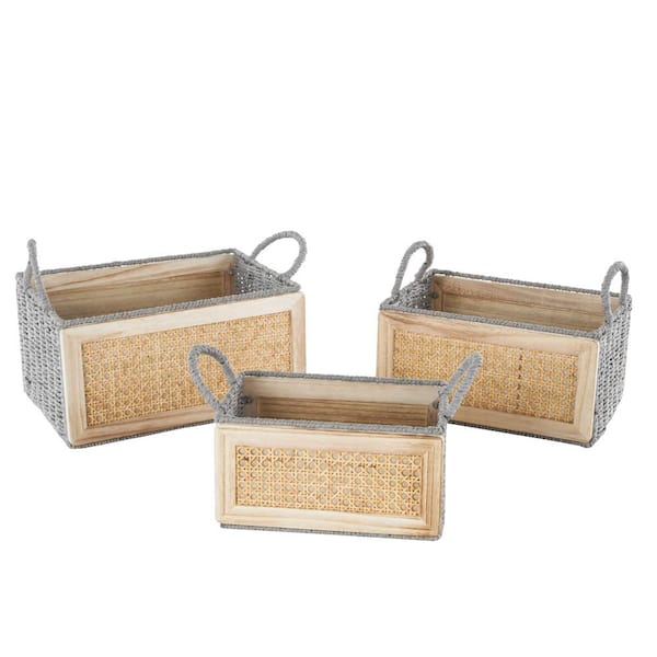 Litton Lane Wood Woven Storage Basket with Gray Rope Accents (Set of 3)