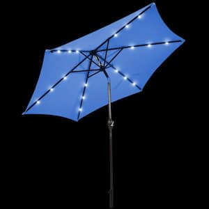 9 ft. Iron Market Solar Tilt Patio Umbrella in Blue with LED Lights
