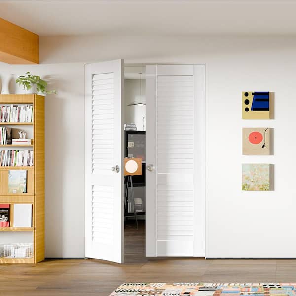 48 in. x 80 in. Composite, MDF, Louvered Panel, Primed, White Interior Door Slab With Silver Sphere Doorknob