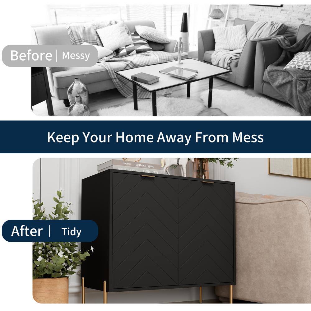 Black Chevron Pattern 2-Door Media Accent Cabinet with Gold Legs