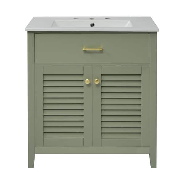 30 in. W Freestanding Bath Vanity in Green with White Ceramic Top, 1 Pullout and Multifunctional Shelf Dividers