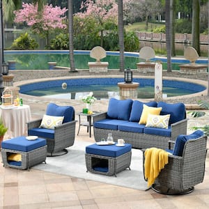 Fortune Dark Gray 6-Piece Wicker Outdoor Patio Conversation Set with Navy Blue Cushions and Swivel Chairs