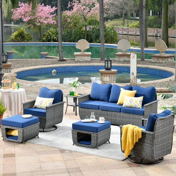 OVIOS Fortune Dark Gray 6-Piece Wicker Outdoor Patio Conversation Set with Navy Blue Cushions and Swivel Chairs