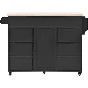 53.15 in. W Black Rubberwood Kitchen Cart Kitchen Island with 8-Drawers, Flatware Organizer and 5 Wheels