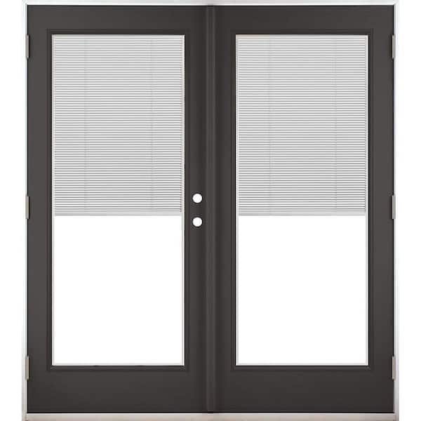 72 in. x 80 in. Black Right-Hand Outswing Fiberglass Full Lite Blinds Glass Hinged French Patio Door