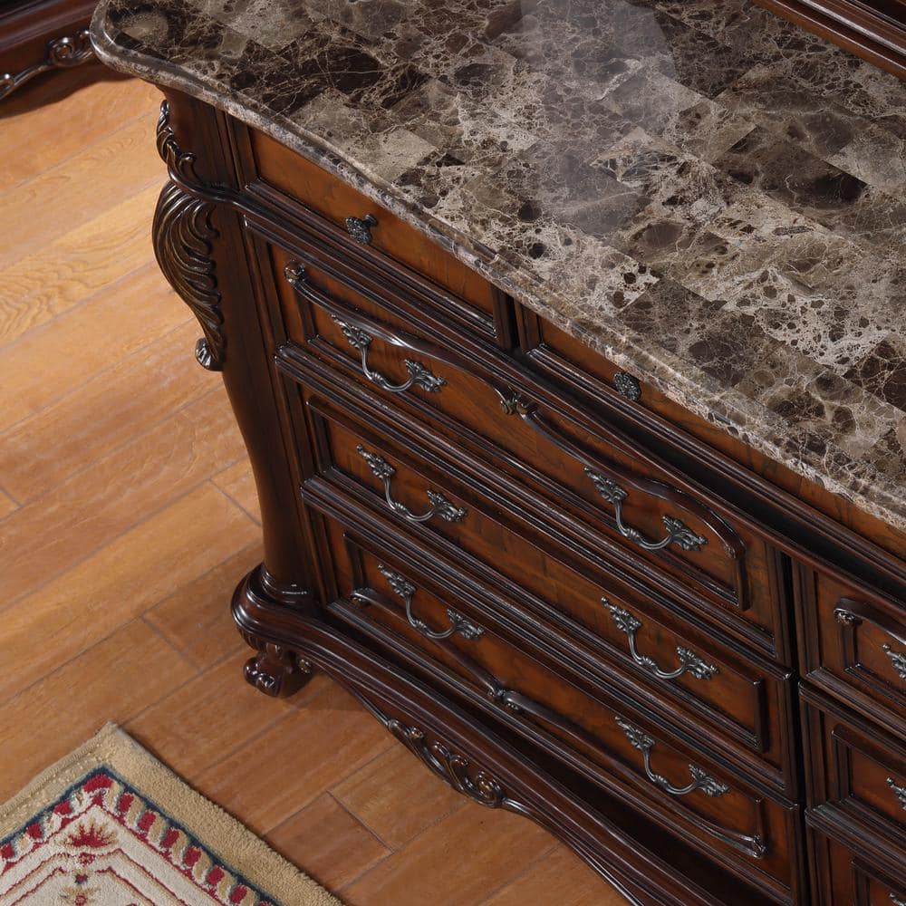 Dark Cherry Solid Wood Dresser with Marble Top and Carved Details