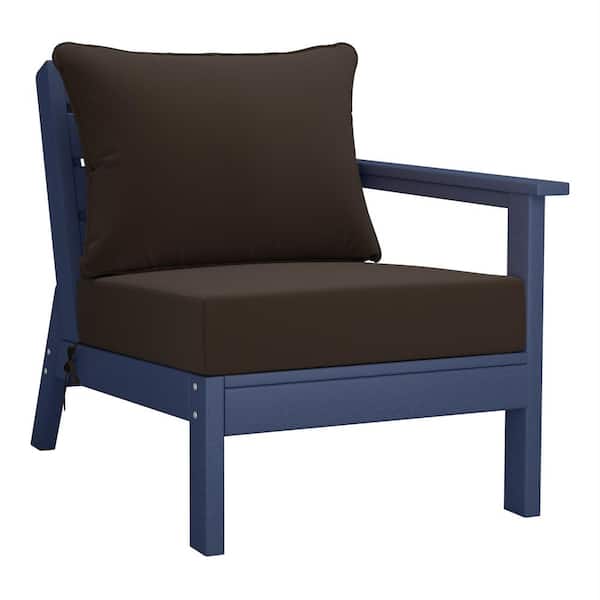 Birchwood Outdoor Patio Deep Seating Right Facing Arm HDPE Lounge Chair in Navy Blue with Brown Cushions