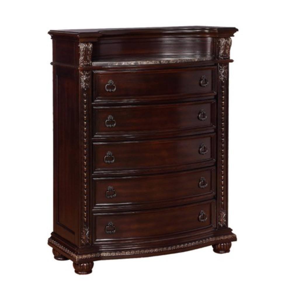 Cherry Brown 5-Drawer Solid Wood Chest with Marble Top