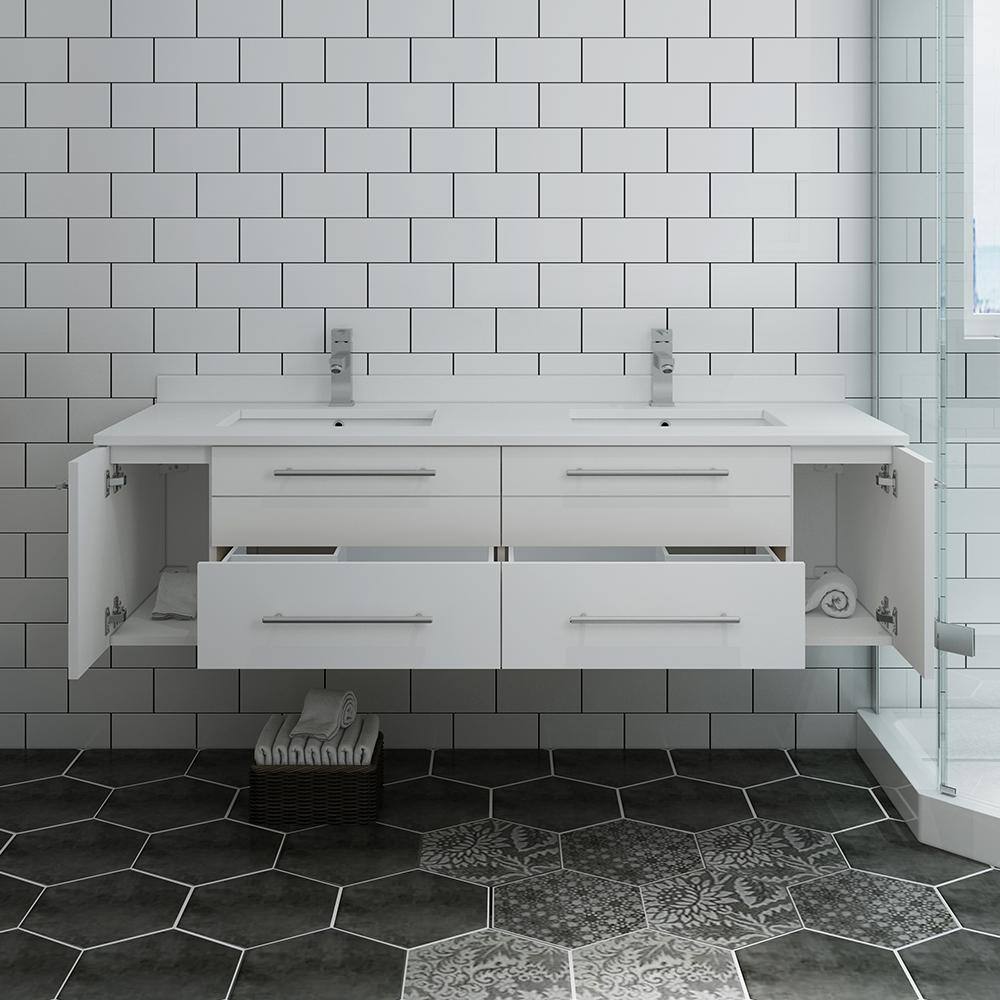 Lucera 60" White Quartz Double Wall-Mount Vanity with Ceramic Sinks