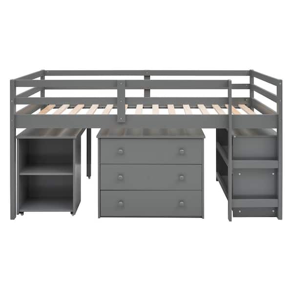 Low Study Twin Loft Bed with Cabinet and Rolling Portable Desk-Gray