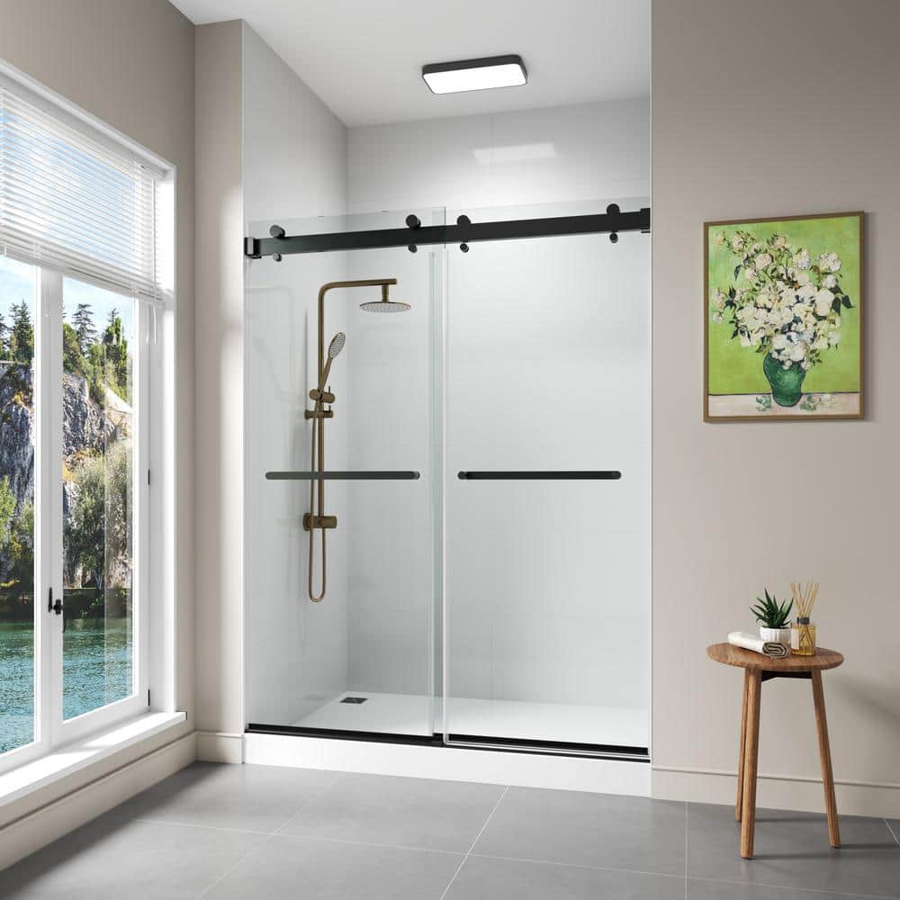 Oceanus 59" Matte Black Frameless Sliding Shower Door with Clear Glass