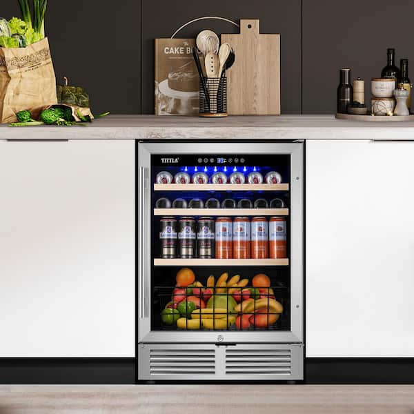 TITTLA 24 in. Single Zone 150-Can Beverage Refrigerator in Silver with 2-Different Door Handles Built-in Beverage Cooler