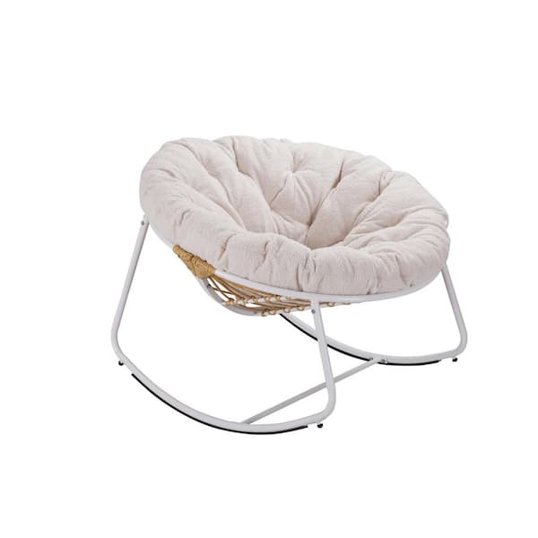 Unbranded White Frame Metal Outdoor Rocking Chair, Patio Wicker Egg Chair, with Teddy Beige Cushion, for Backyard, Patio, Garden