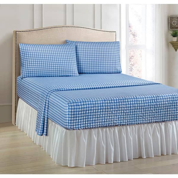 BedTite Absolutely Fitting Gingham 4-Piece Blue Microfiber Queen Sheet Set
