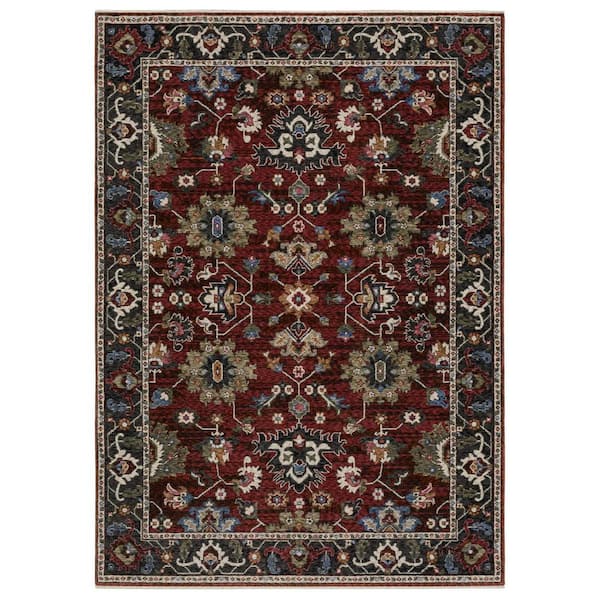 4 ft. x 6 ft. Red Blue and Charcoal Oriental Area Rug with Fringe