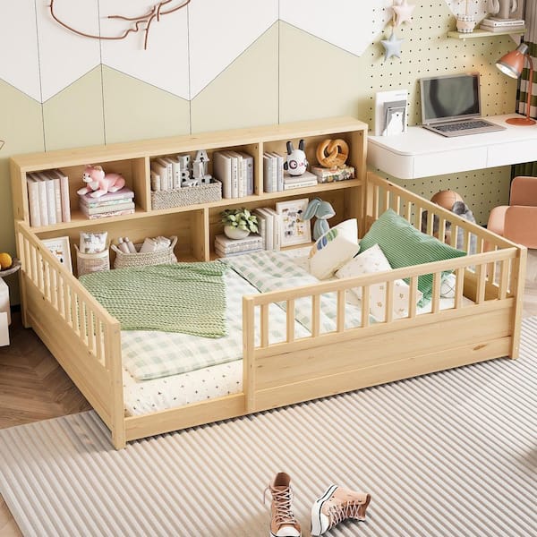 Emery Kids Floor Bed Natural Brown Wooden Frame Full Platform Bed with Storage Bookcase and Guardrails