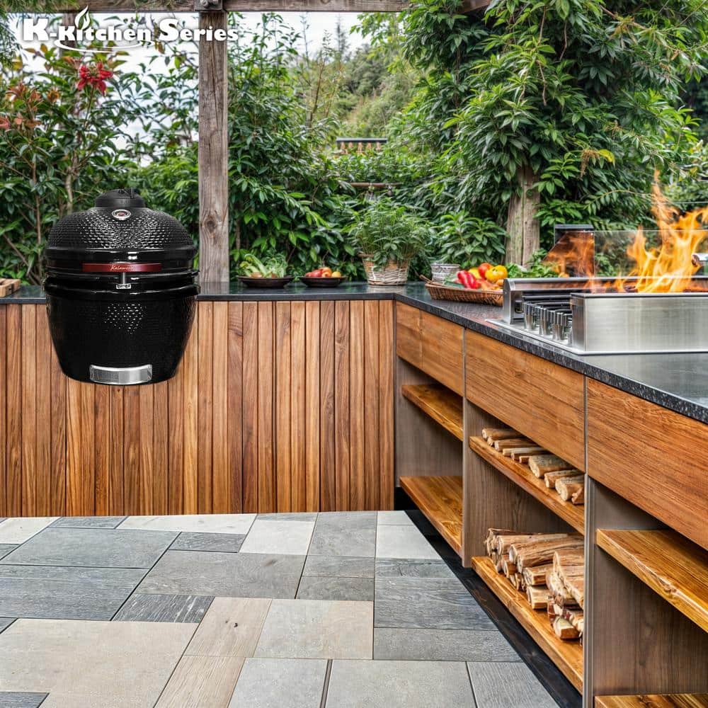 Kalamera 24'' Black Ceramic Kamado Charcoal Grill with Cart