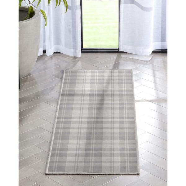 Light Grey 2 ft. x 5 ft. Runner Apollo Plaid Farmhouse Geometric Area Rug