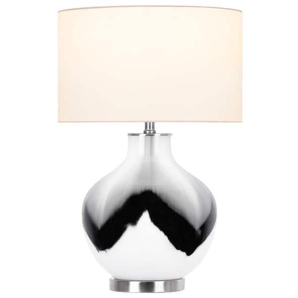 Rottogoon 25 in. Modern Grey and White Table Lamp, Glass Bedside Lamp with Fabric Shade for Living Room Bedroom Decor