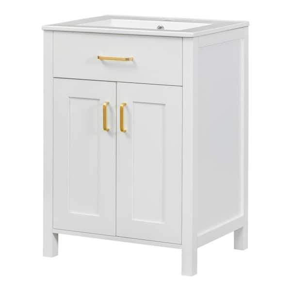 Magic Home 24 in. Freestanding Storage Bathroom Vanity Combo Set with White Ceramic sink, White Cabinet and 2 Soft-Close Doors