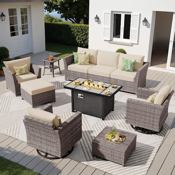 XIZZI Jasmine 10-Piece Wicker Patio Rectangular Fire Pit Set with Beige Cushions and Swivel Rocking Chairs