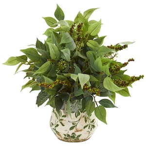 Indoor Mixed Ficus, Fittonia and Berries Artificial Plant in Floral Vase