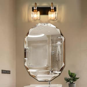 VOTOS 13.4 in. Traditional 2 Light Black and Gold Vanity Light with Clear Crystal Glass Shades