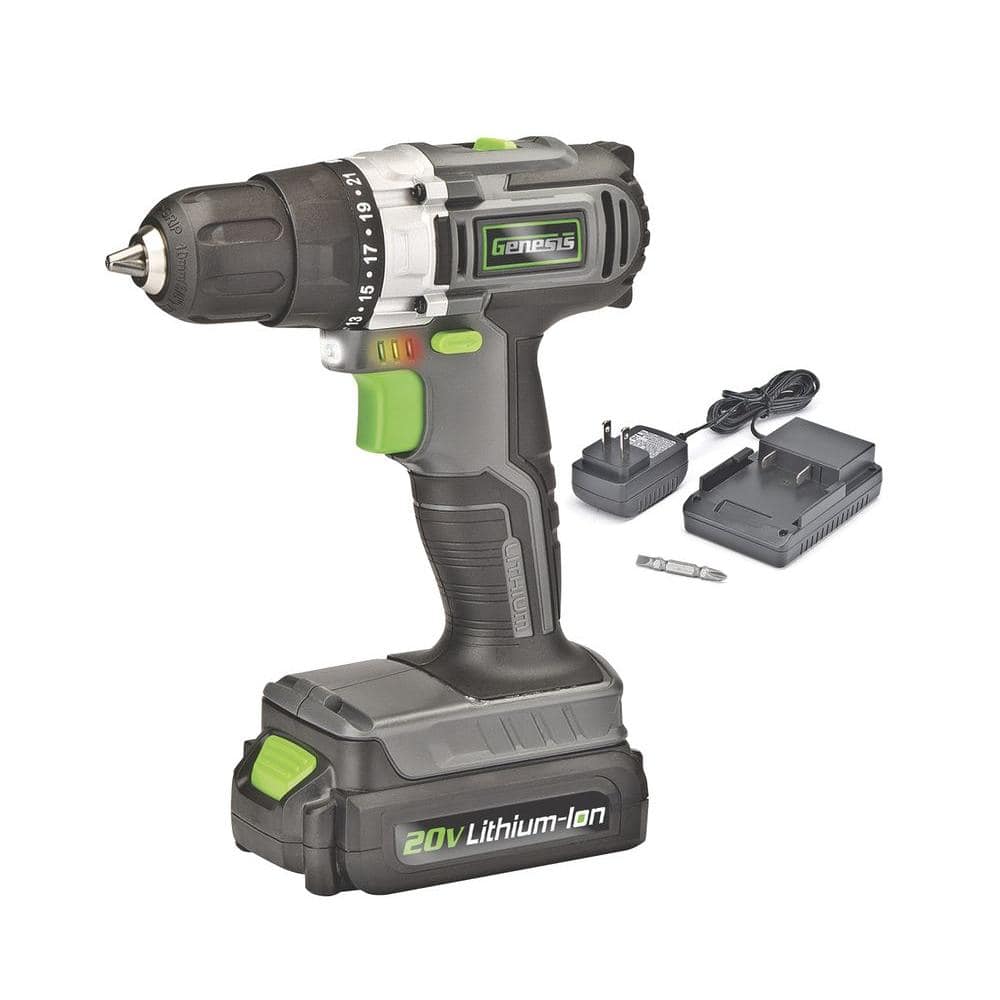 GENESIS 20V Lithium-ion Cordless Variable Speed Drill Driver with 3/8 in.  Chuck, LED Work Light, Charger and Bit GLCD2038A