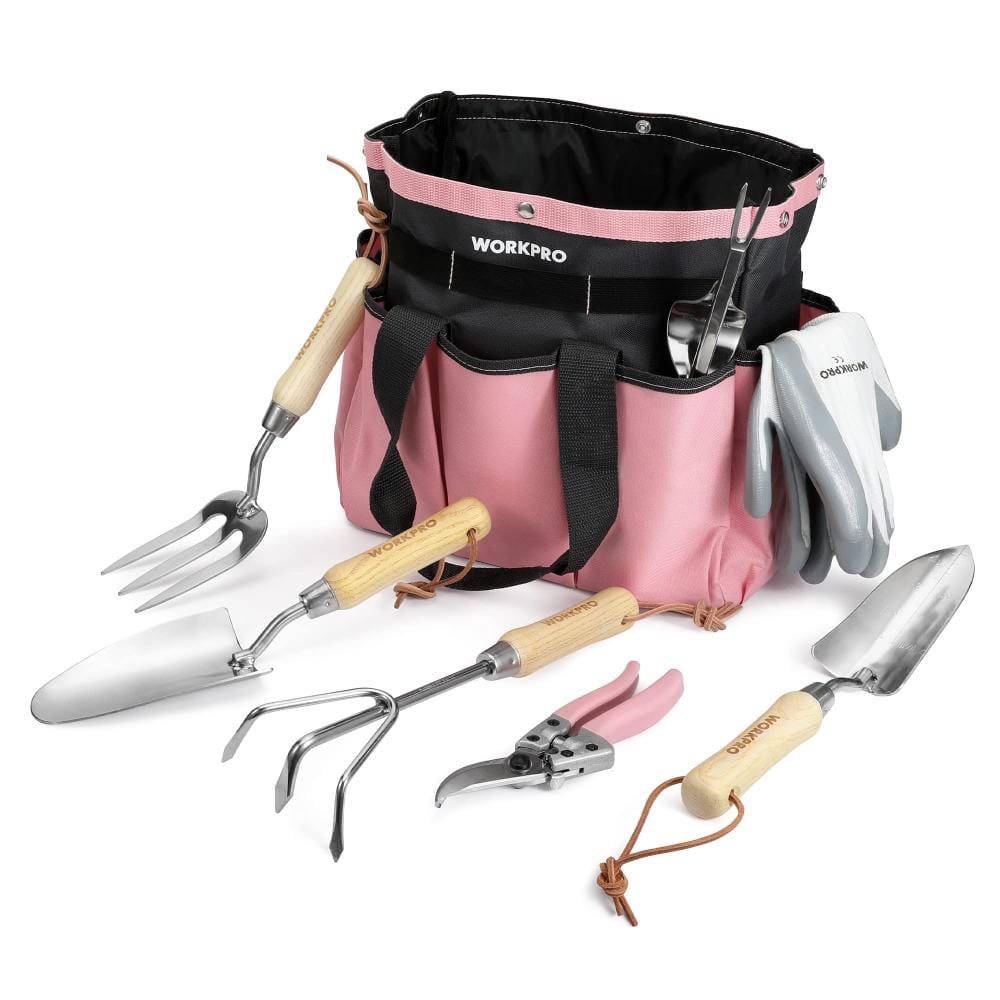 8-Piece Pink Garden Tool Set Stainless Steel with Tote and Gloves