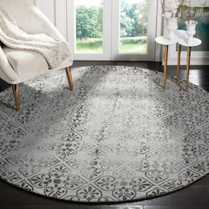 Dip Dye Gray 7 ft. x 7 ft. Round Floral Diamonds Distressed Area Rug