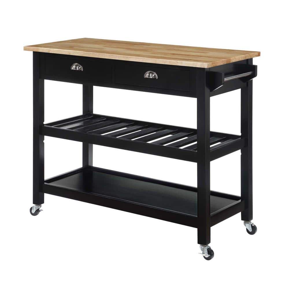 Black and Natural Wood Butcher Block Kitchen Cart with Wine Rack