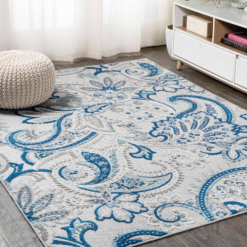 Paisley High-Low Light Gray and Blue Synthetic Indoor/Outdoor Rug