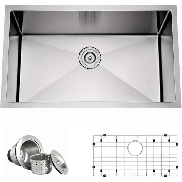 27 in. Undermount Single Bowl 16 Gauge Stainless Steel Kitchen Sink with Strainer and Bottom Grid