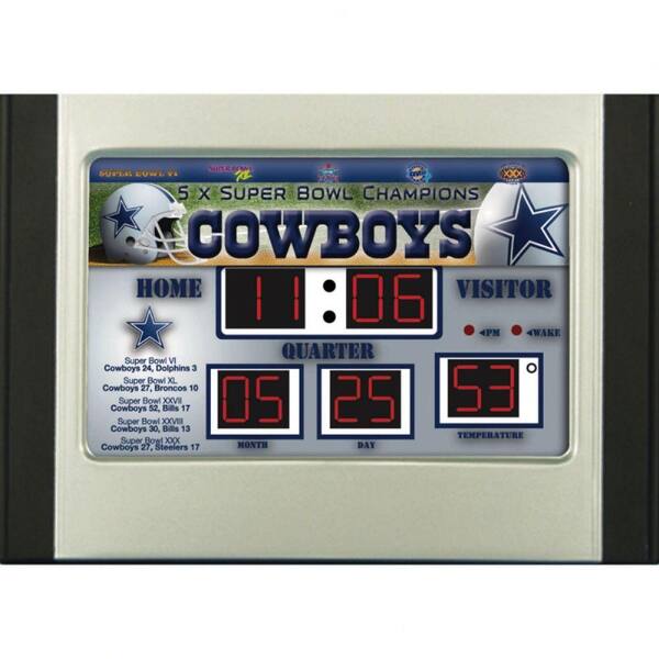 Team Sports America Dallas Cowboys 6.5 in. x 9 in. Scoreboard Alarm Clock with Temperature
