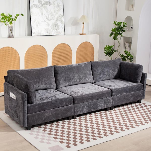 Fannie 111.4 in. Flared Arms Polyester Rectangle Fabric Sofa in Dark Grey, 3-Seater Chenille Deep Sofa