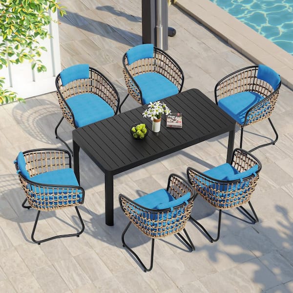 Blue 7-Piece Metal 63.8 in. Outdoor Dining Set with Rattan Chairs and Cushions
