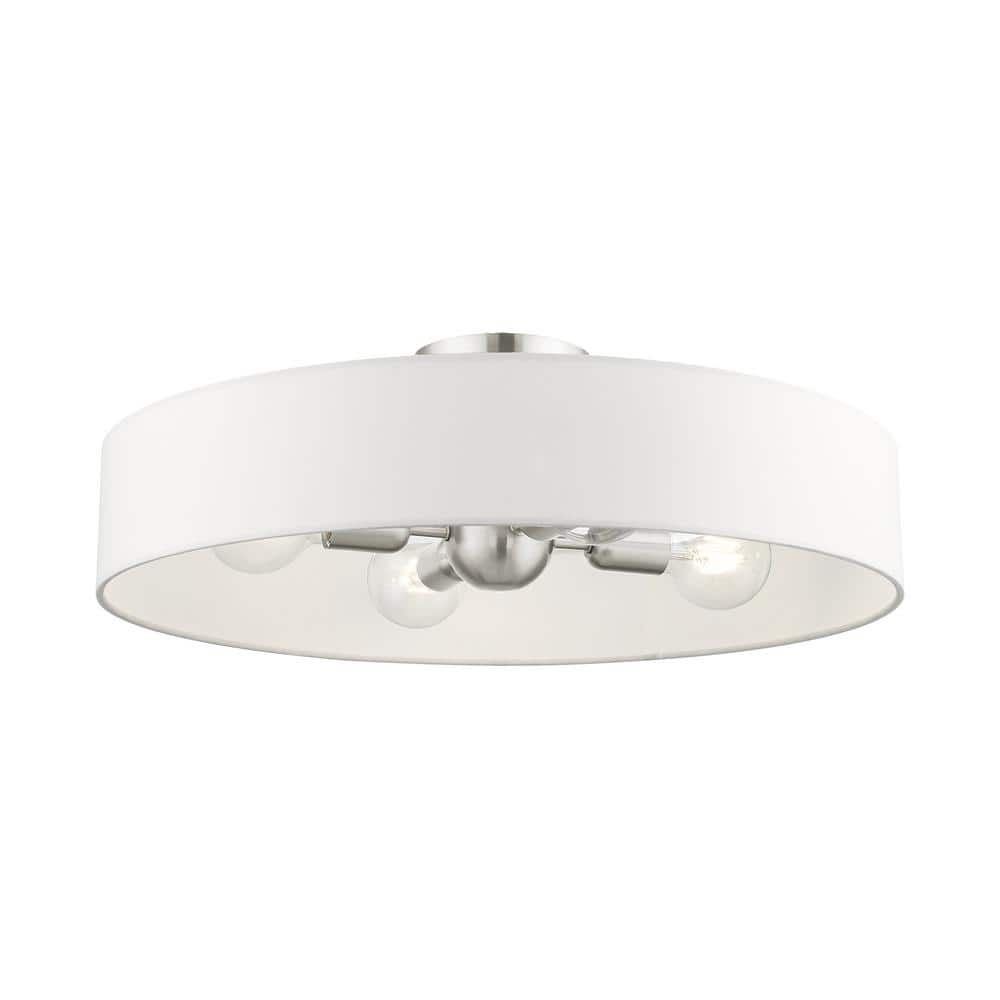 Sophisticated Brushed Nickel 4-Light Indoor/Outdoor Drum Pendant with Off-White Fabric Shade