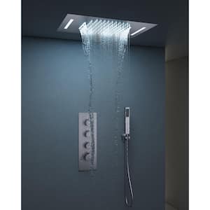 Thermostatic 7-Spray Ceiling Mount 23 x 15 in. Rectangle LED Shower Head with Hand Shower and Valve in Brushed Nickel
