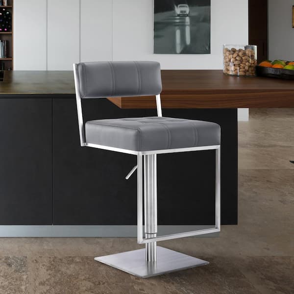 Blossom Contemporary Adjustable 35-44 in. Swivel Bar Stool in Brushed Stainless Steel and Grey Faux Leather