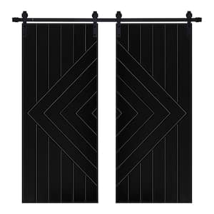 Modern Strip Designed 48 in. x 84 in. MDF Panel Black Painted Double Sliding Barn Door with Hardware Kit