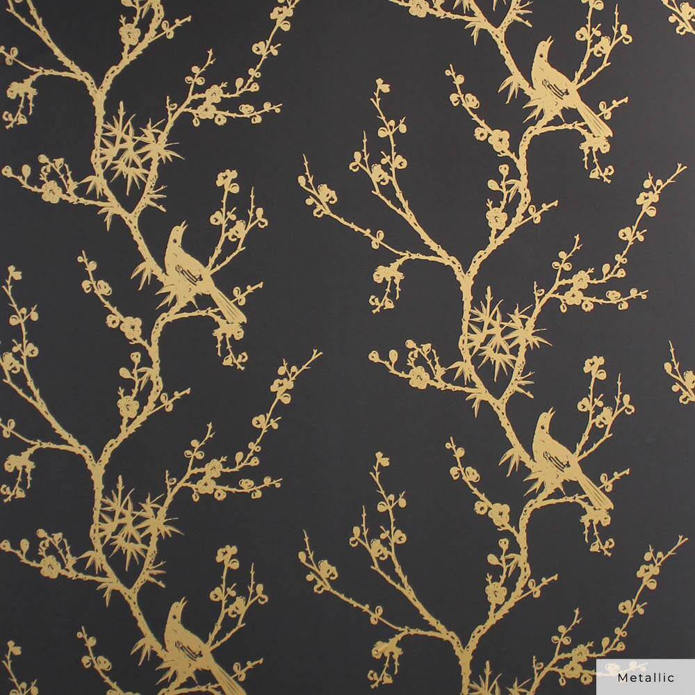 Black and Gold Chinoiserie Bird Peel and Stick Wallpaper