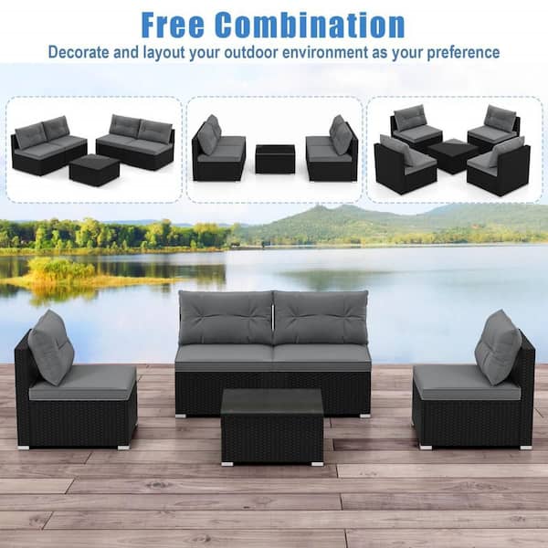 5 Piece Outdoor Furniture Set with Seat and Back Cushions Tempered Glass Tabletop Gray